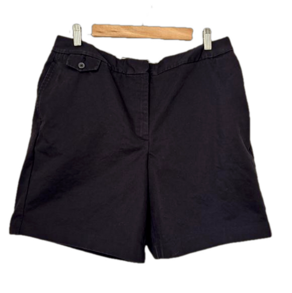 Lands’ End black cotton flat front shorts (6.5” inseam). Size 12
